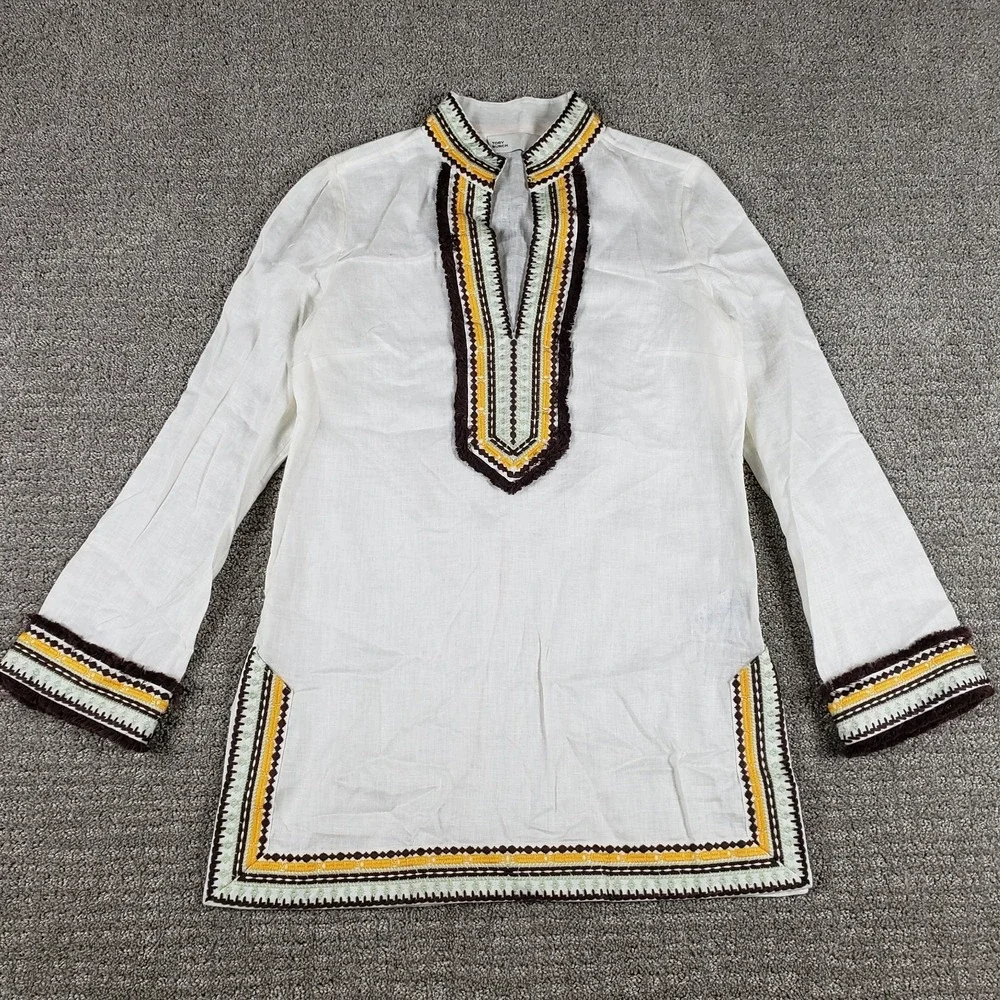 Tory Burch Linen Tunic Womens (S) White Ivory Embroidered Kaftan Top